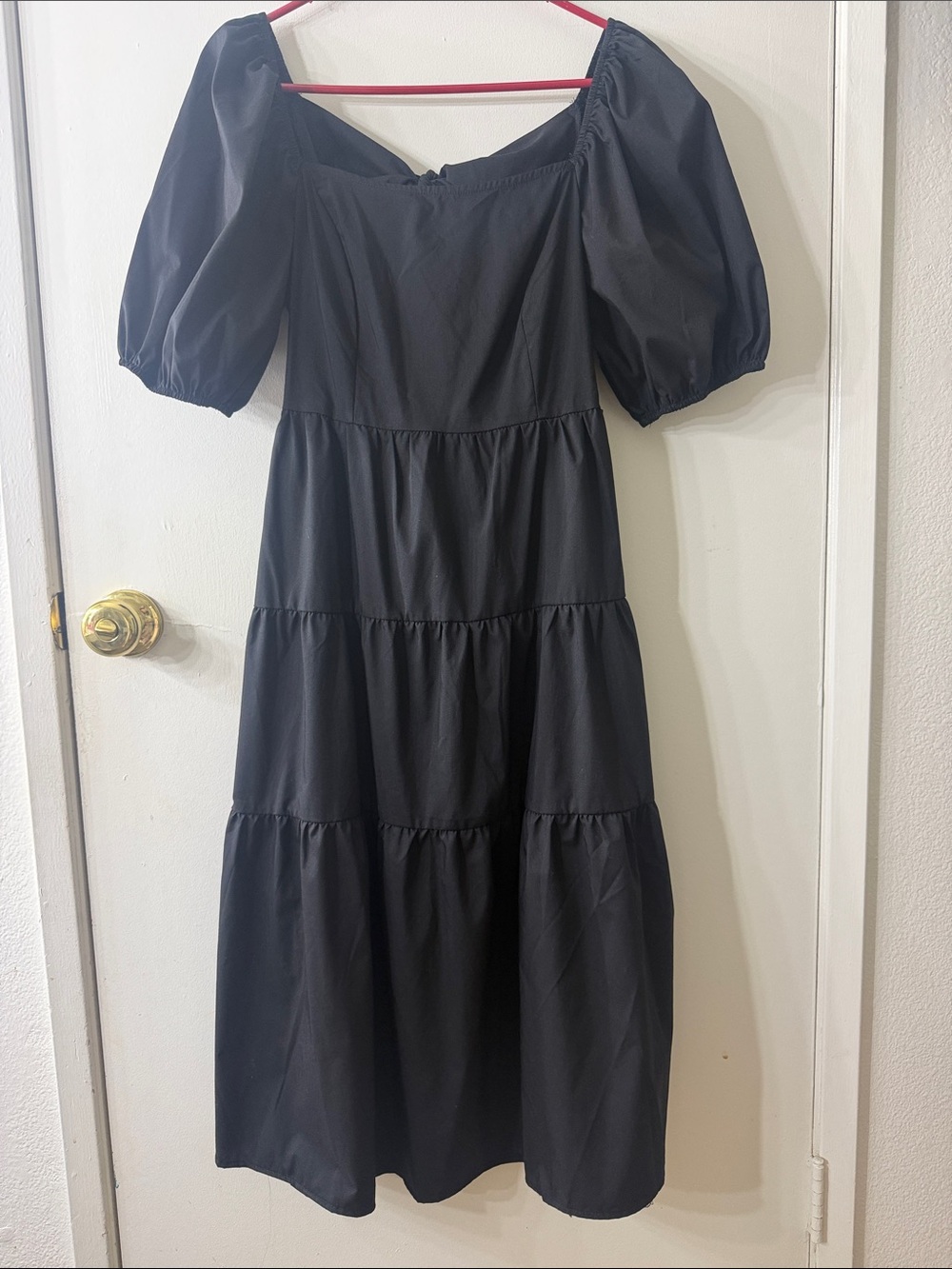 Black Puff-Sleeve Tiered Midi Dress